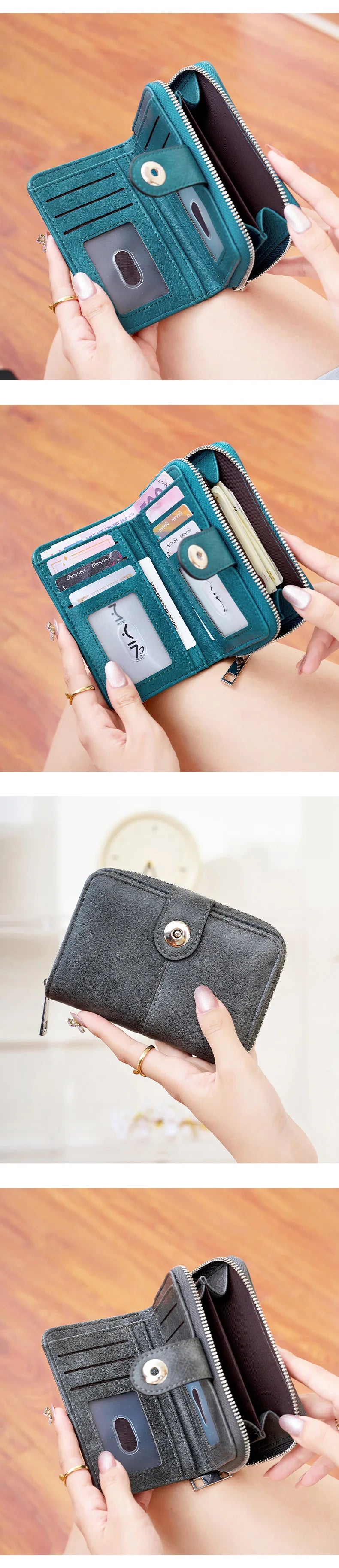 A close-up of a teal RFID blocking multi-function women's wallet with a zippered compartment being held by a hand.