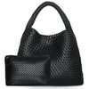 Black handwoven faux leather tote bag and matching clutch