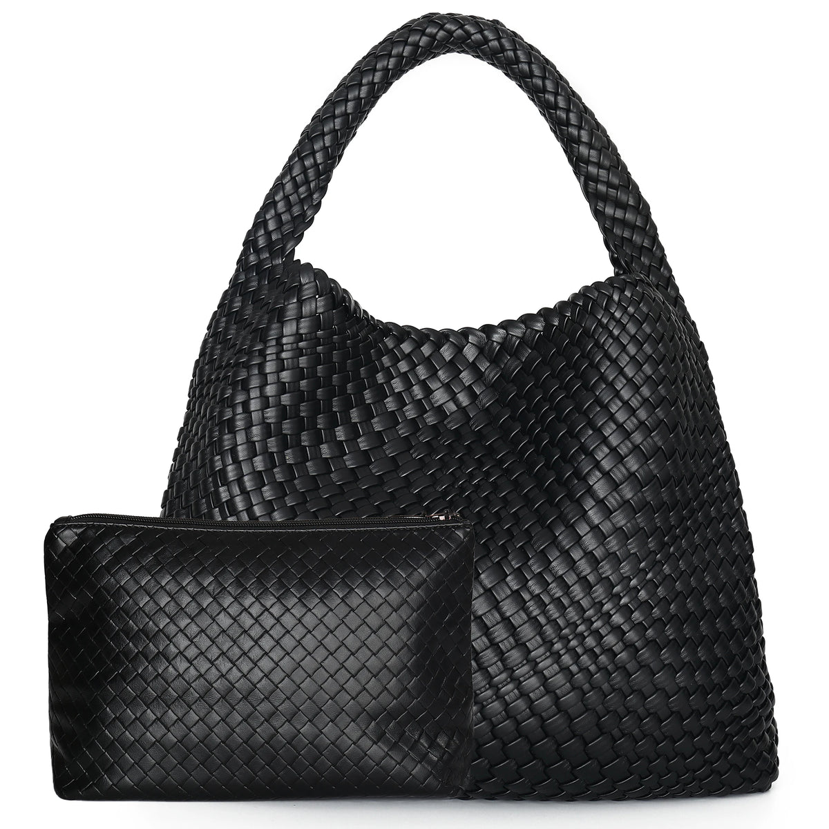 Black handwoven faux leather tote bag and matching clutch