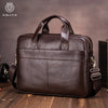 A dark brown genuine leather men's briefcase with leather handles and a flap closure resting on a wooden surface.