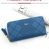 A navy blue quilted PU leather clutch wallet with gold hardware and a tassel, shown against a white background.
