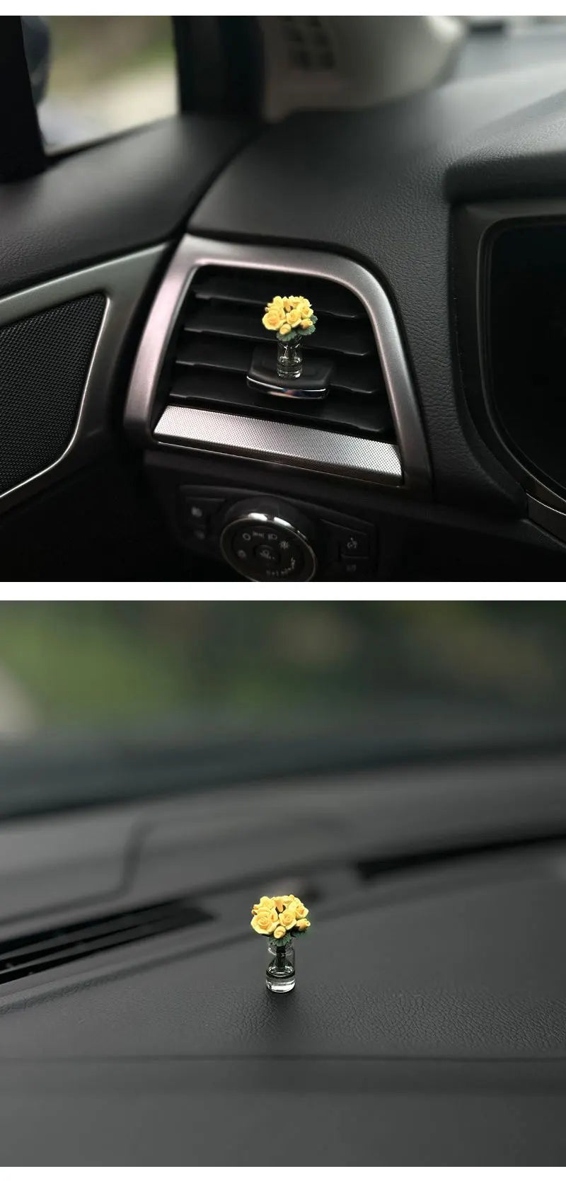 Eine kleine Glasvase mit einer gelben Rose auf der Innenseite einer Auto-Verkleidung