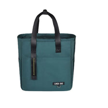 A dark teal insulated lunch bag with black straps and a waterproof lining.