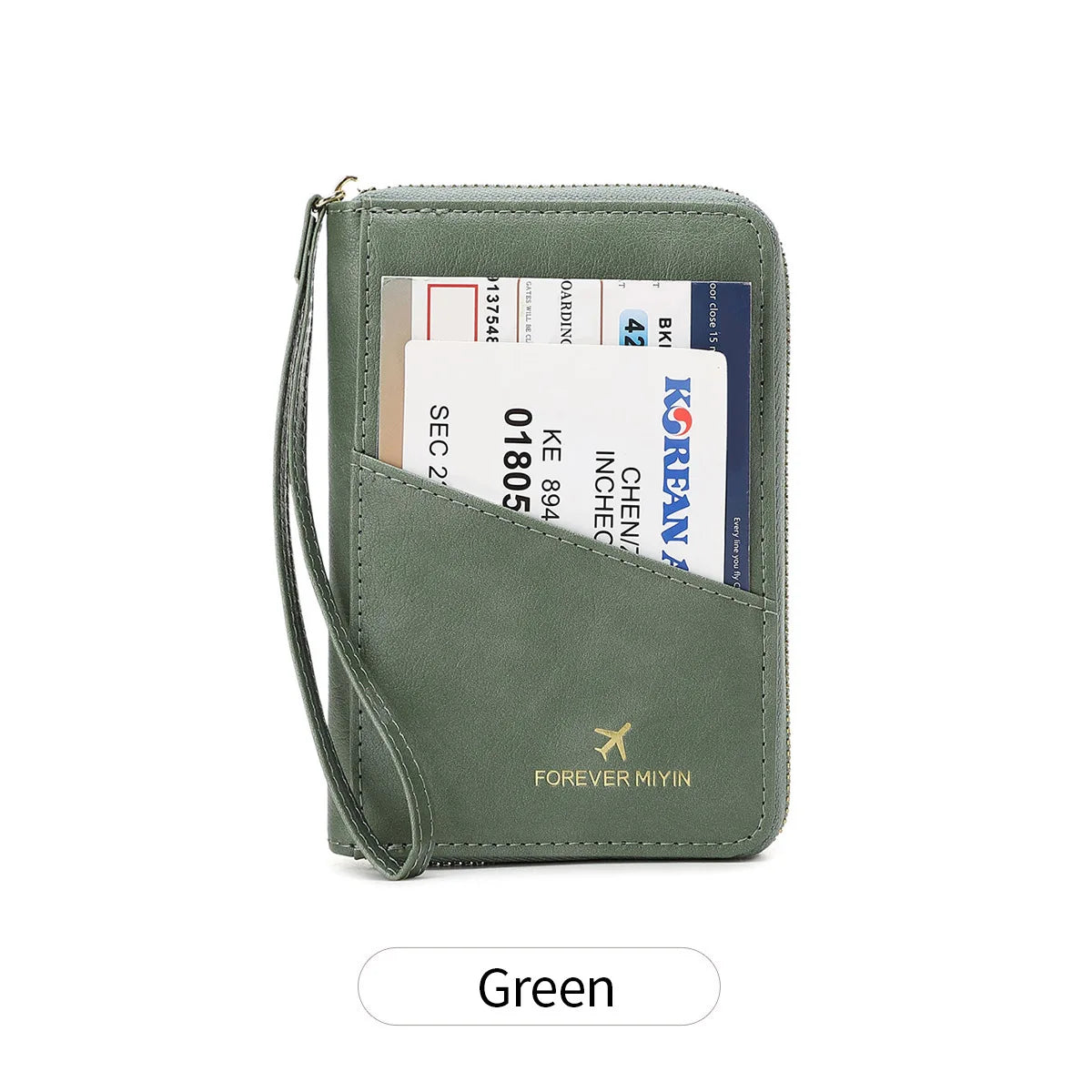 A green RFID-blocking passport wallet with a zipper closure displaying various identification cards.