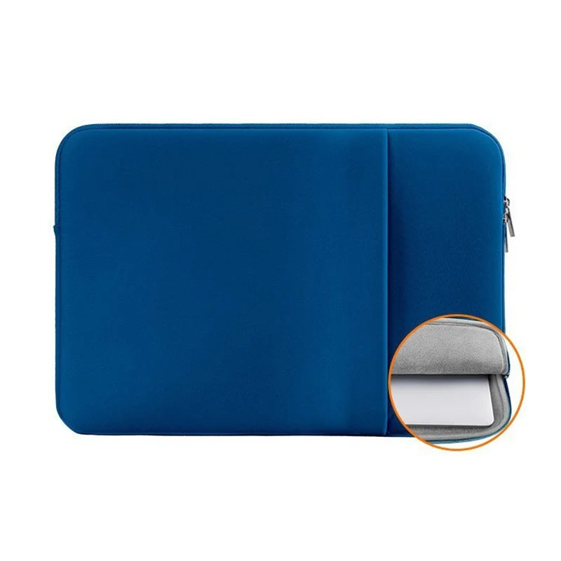 A deep blue laptop sleeve case with a gray lining shown open to reveal the interior.