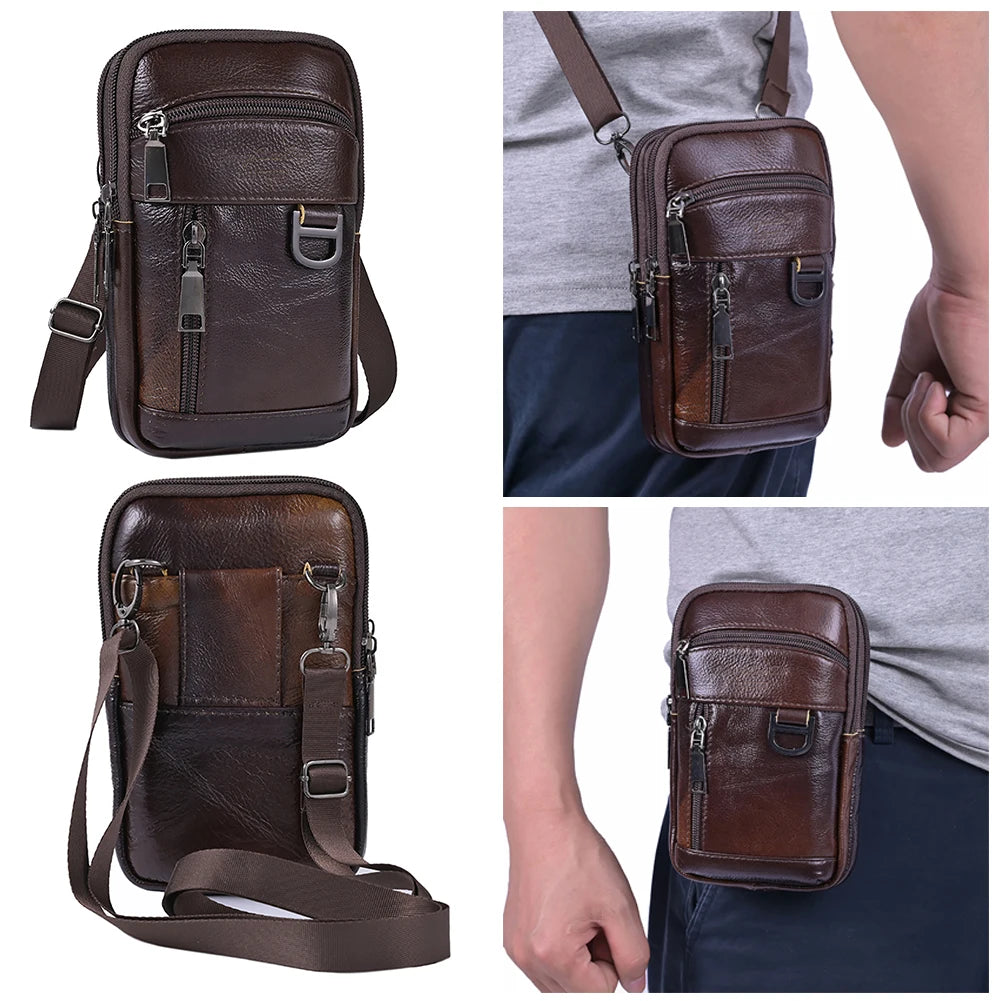 A brown vintage cowhide leather crossbody bag shown in various angles and contexts.