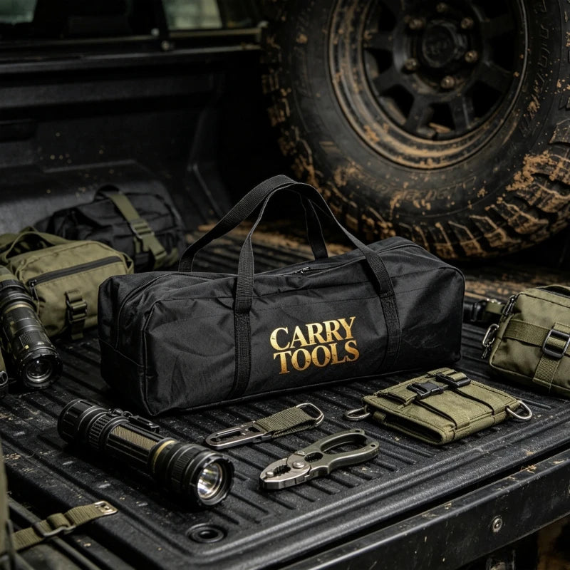 A black storage tote filled with various tools and outdoor gear resting on a dark surface.