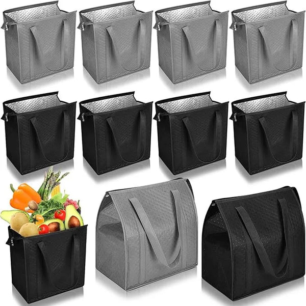 A collection of black and gray insulated tote bags with aluminum lining shown from various angles.