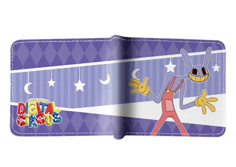 Lila und weißes PU-Leder-Klappwallet mit digitalem Zirkus-Design und Cartoon-Figur.