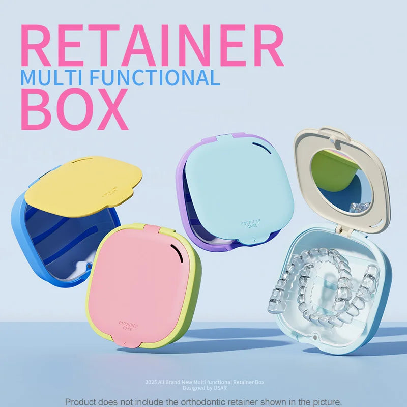 A set of pink, yellow, and blue retainer boxes for denture storage featuring a mirror and drainage.