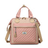 Sac de lunch isotherme rose avec anses beige et design matelassé.