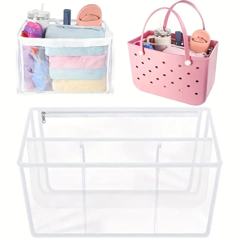 A pink waterproof transparent beach bag organizer with dividers holding various items like towels and accessories.