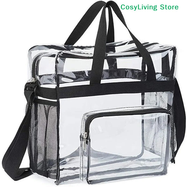 A clear plastic tote bag with black straps and a mesh bottom, featuring a transparent zippered pocket.