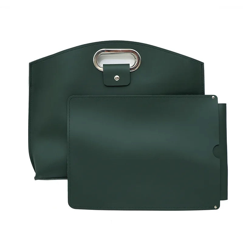 A dark green premium leather laptop briefcase with a silver buckle closure.