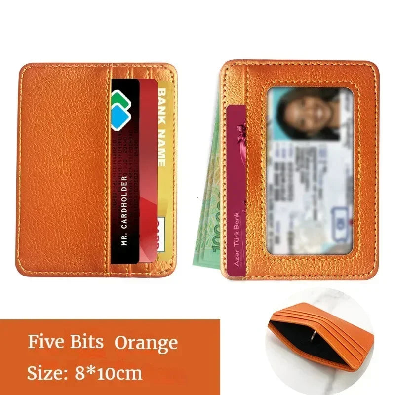 Orange slim PU leather mini wallet holding cards and ID