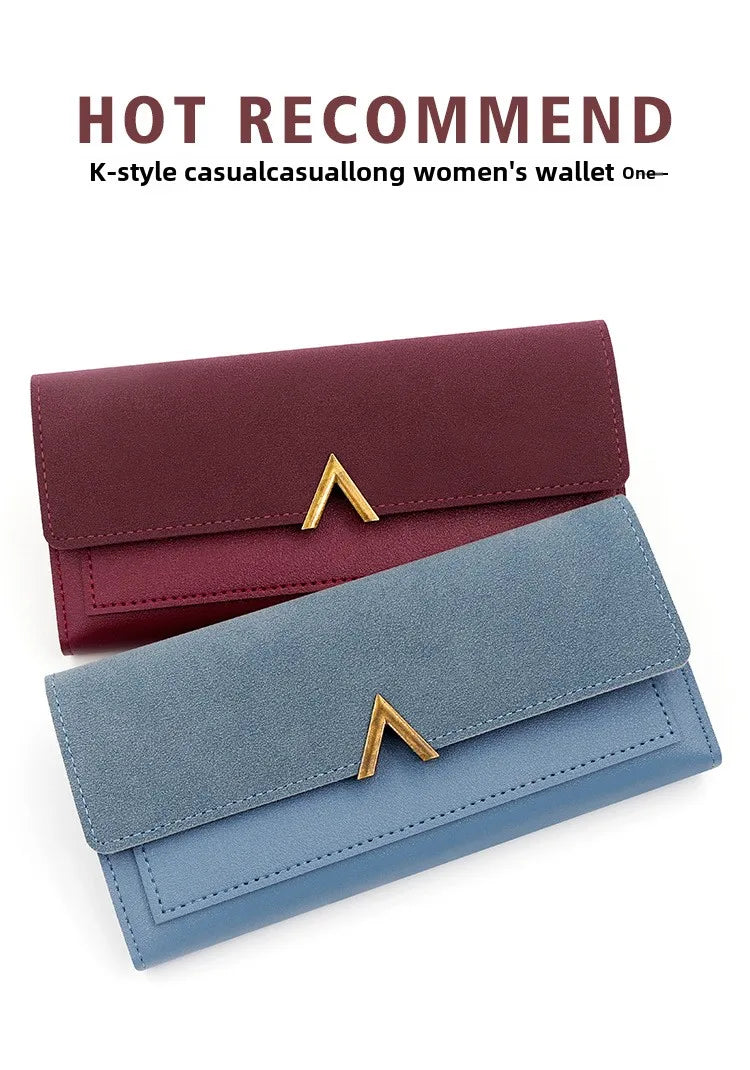 A set of two K-style casual women's wallets in maroon and blue colors with gold accents.
