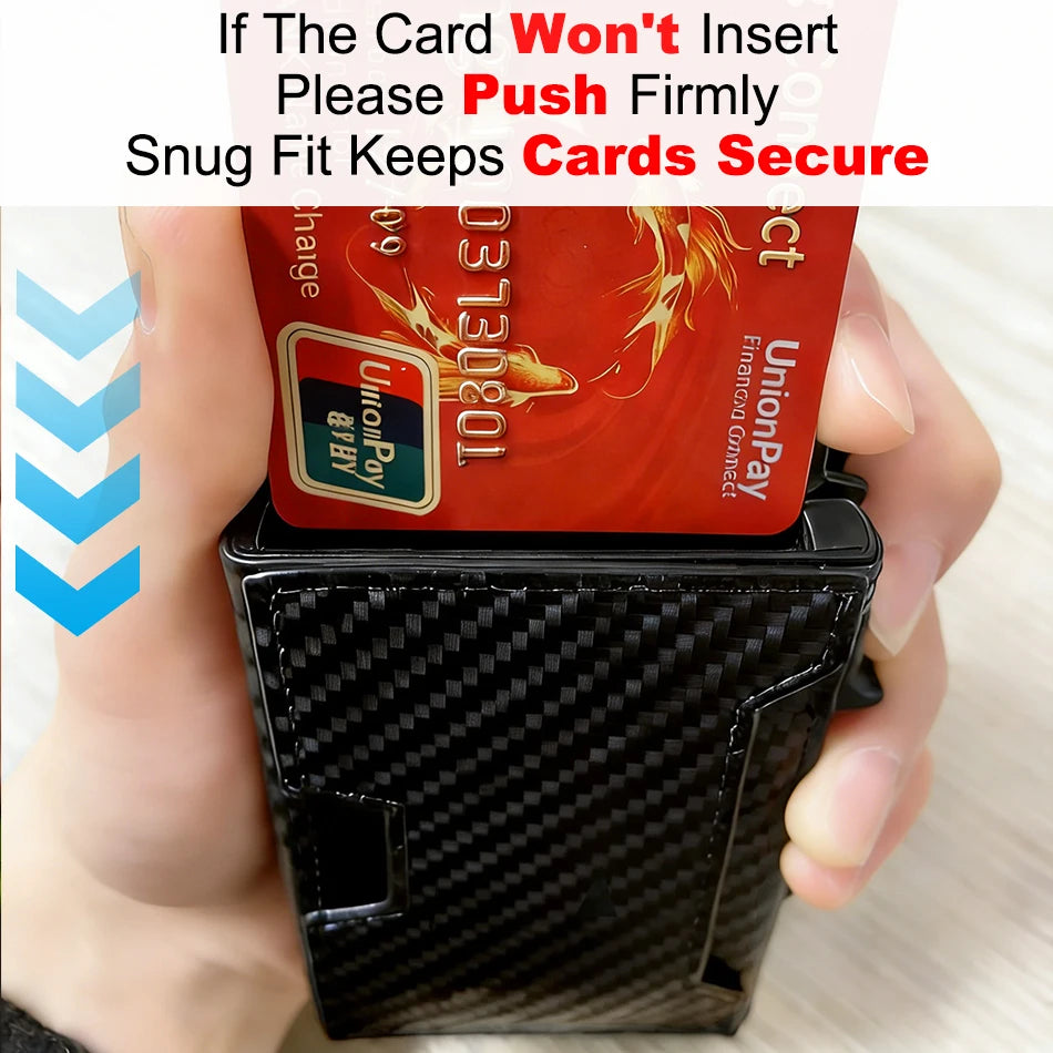 A hand is inserting a UnionPay card into a black carbon fiber slim RFID protection wallet.