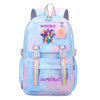A light blue and pink patterned backpack featuring a purple and yellow unicorn design.