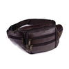Sac à taille en cuir brun foncé pour homme avec compartiments zippés.