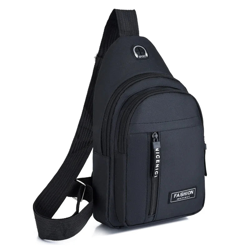 Black water-resistant casual chest bag with a zippered phone pocket and adjustable strap.