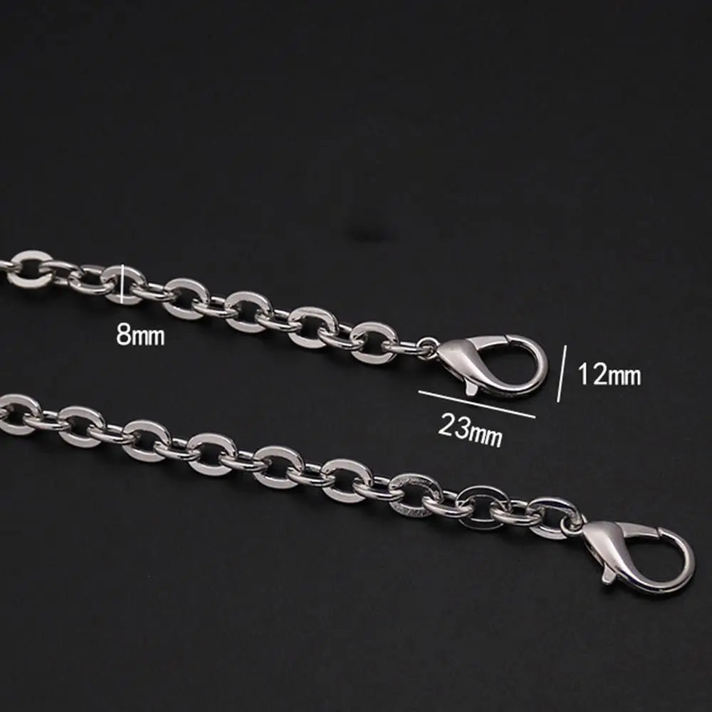 Silver metal chain strap with adjustable links and lobster clasps shown against a black background.
