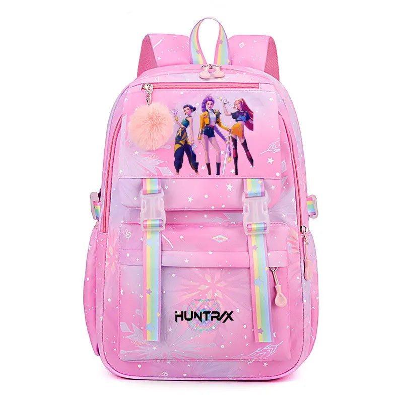 Pink Jacquard laptop backpack featuring anime characters and pastel accents