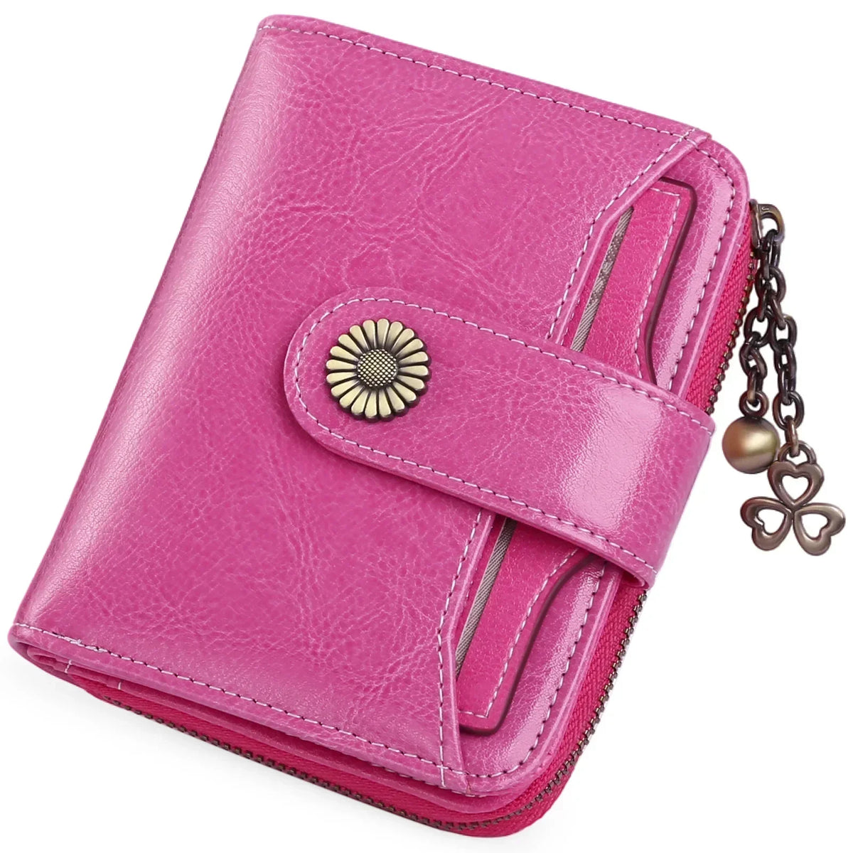 A pink leather wallet with a clasp closure and card slots.