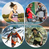 Four circular images showing people engaged in running, shooting, skiing, and hiking with tactical chest bags.