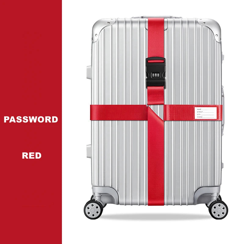 Silver rolling suitcase with a red cross strap and bundling belt.