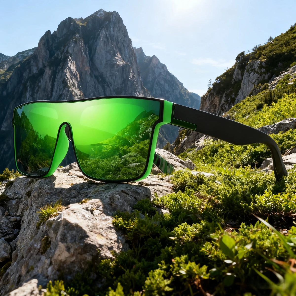 A pair of bright green square sport sunglasses resting on a rocky outdoor landscape.