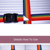 A collection of colorful, adjustable luggage cross straps and combination locks.