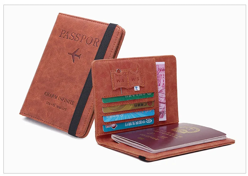 A brown leather passport holder with a black strap and an attached passport wallet.
