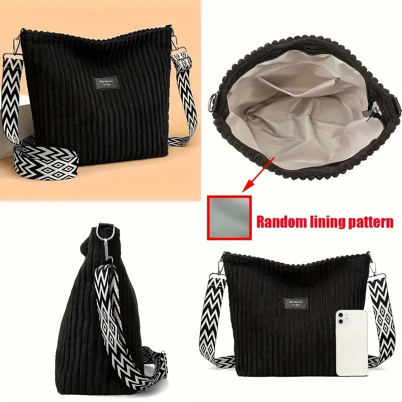 Sac à épaule et bandoulière en velours côtelé noir avec motif de doublure aléatoire, vues variées
