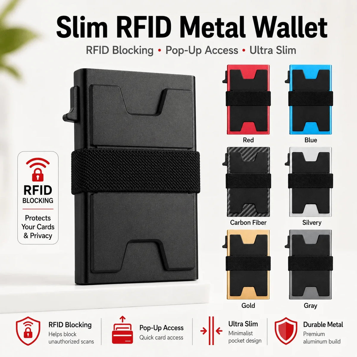 Portefeuille métallique noir fin RFID avec diverses options de couleur et fonctionnalités comme le blocage RFID et l'accès à 