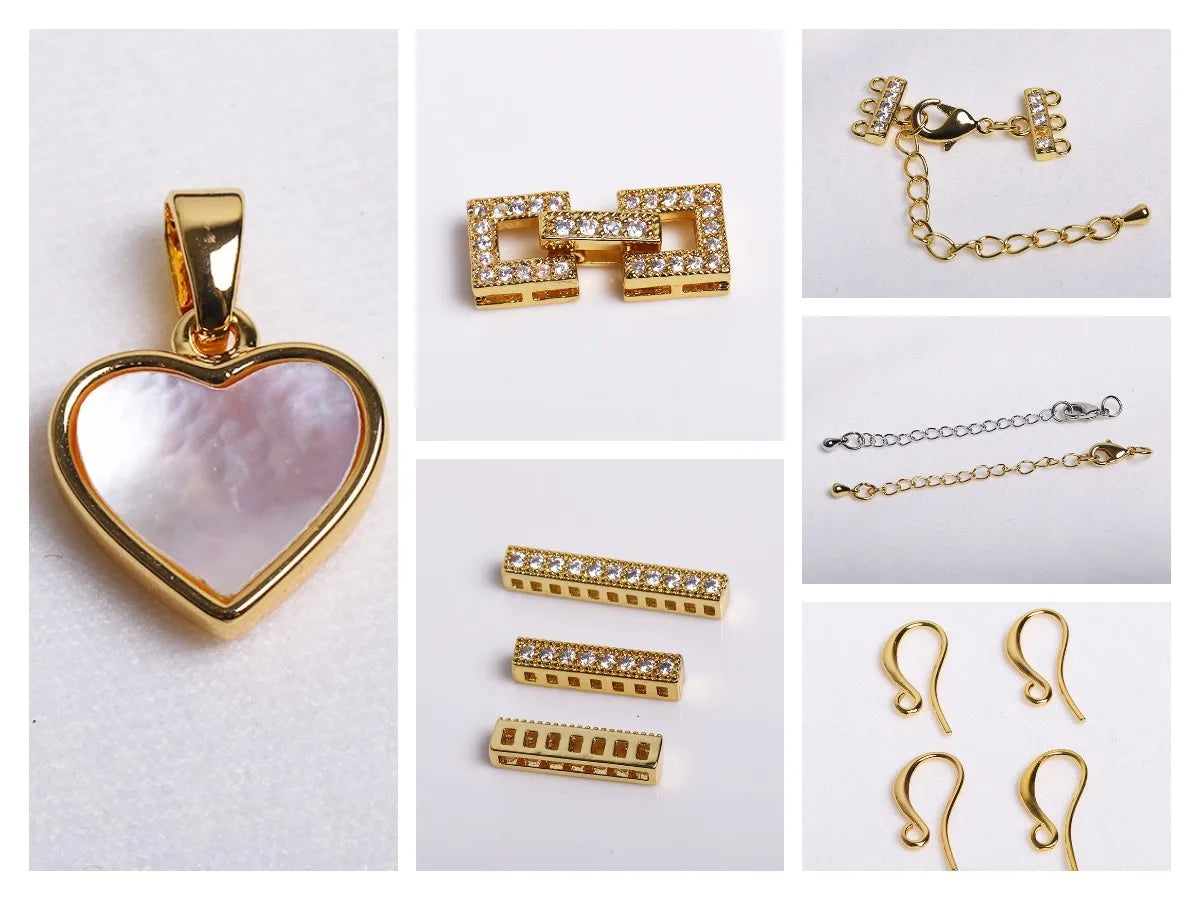 A collection of 18K gold plated jewelry chains and heart-shaped pendants for DIY crafting.