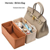 A beige Hermès Birkin bag with an exclusive inner liner and a matching felt organizer insert.