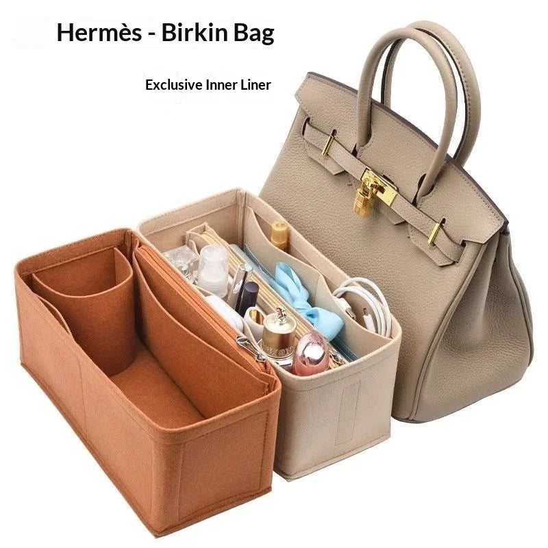 A beige Hermès Birkin bag with an exclusive inner liner and a matching felt organizer insert.