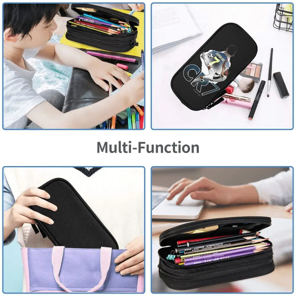 A multi-function black leather pencil case shown in various uses, including a slim case and a larger purple one.