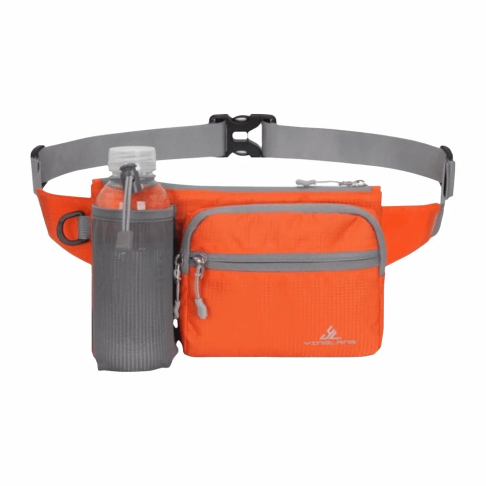 Orange waterproof invisible waist pack with a gray bottle attached, designed for runners and travelers.