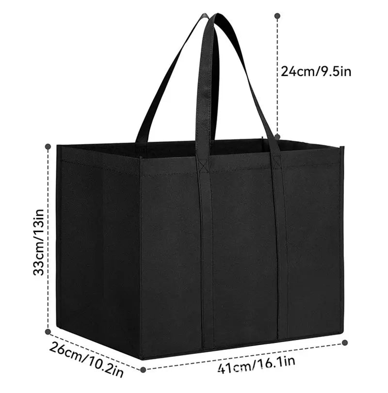A black reusable foldable grocery tote bag with handles, shown from the top and side.