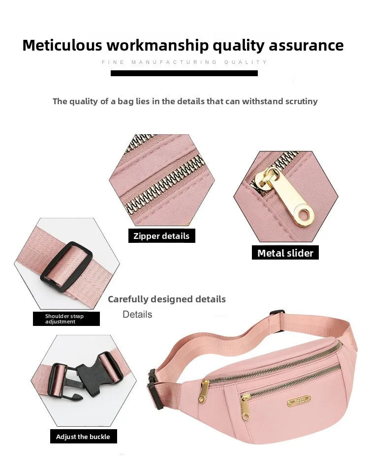 Gros plan d'une poche de cou waterproof rose, montrant les détails de la fermeture éclair, le coulisseau métallique et la bou