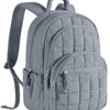 A gray quilted laptop backpack with a padded shoulder strap is shown from the back.