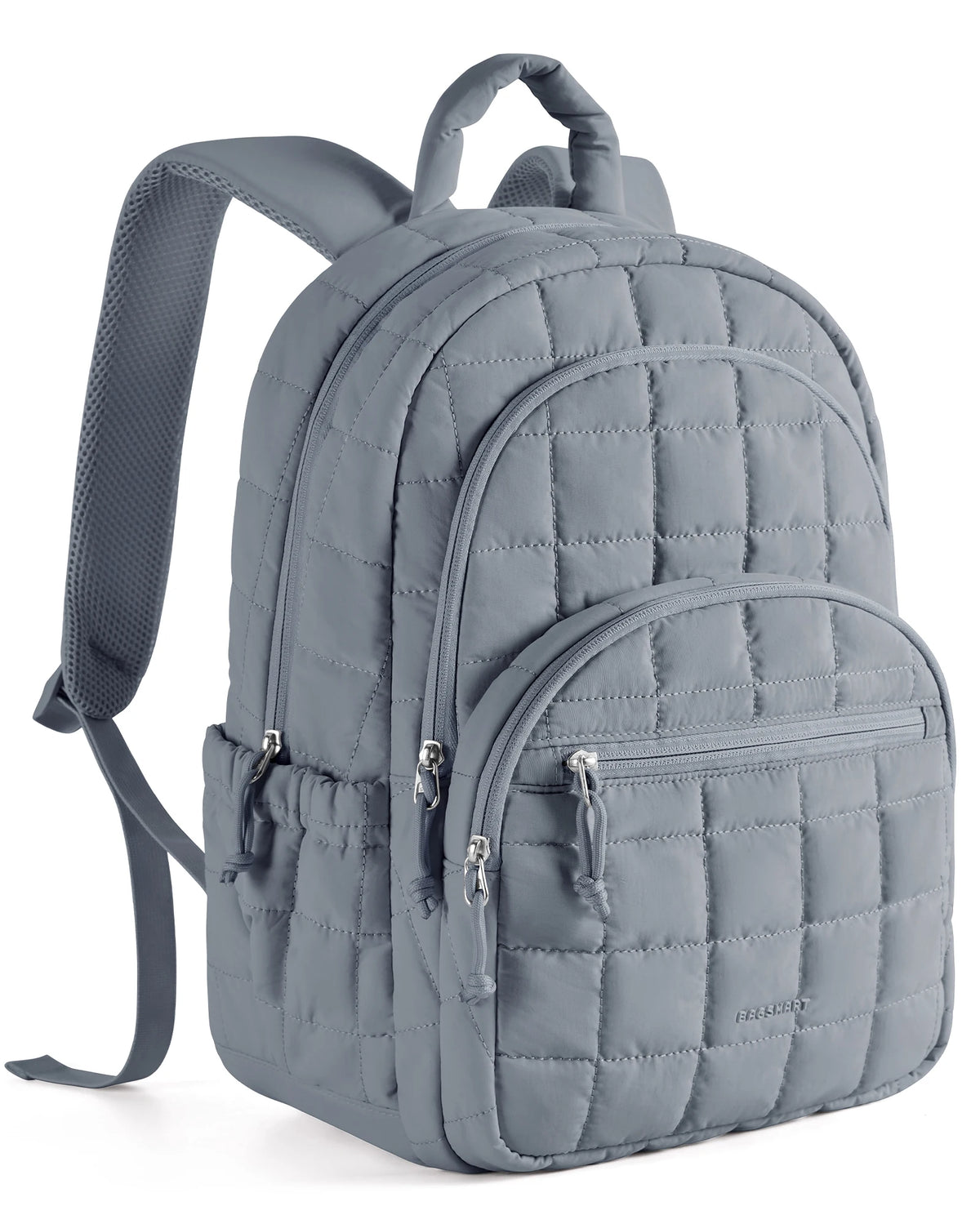 A gray quilted laptop backpack with a padded shoulder strap is shown from the back.