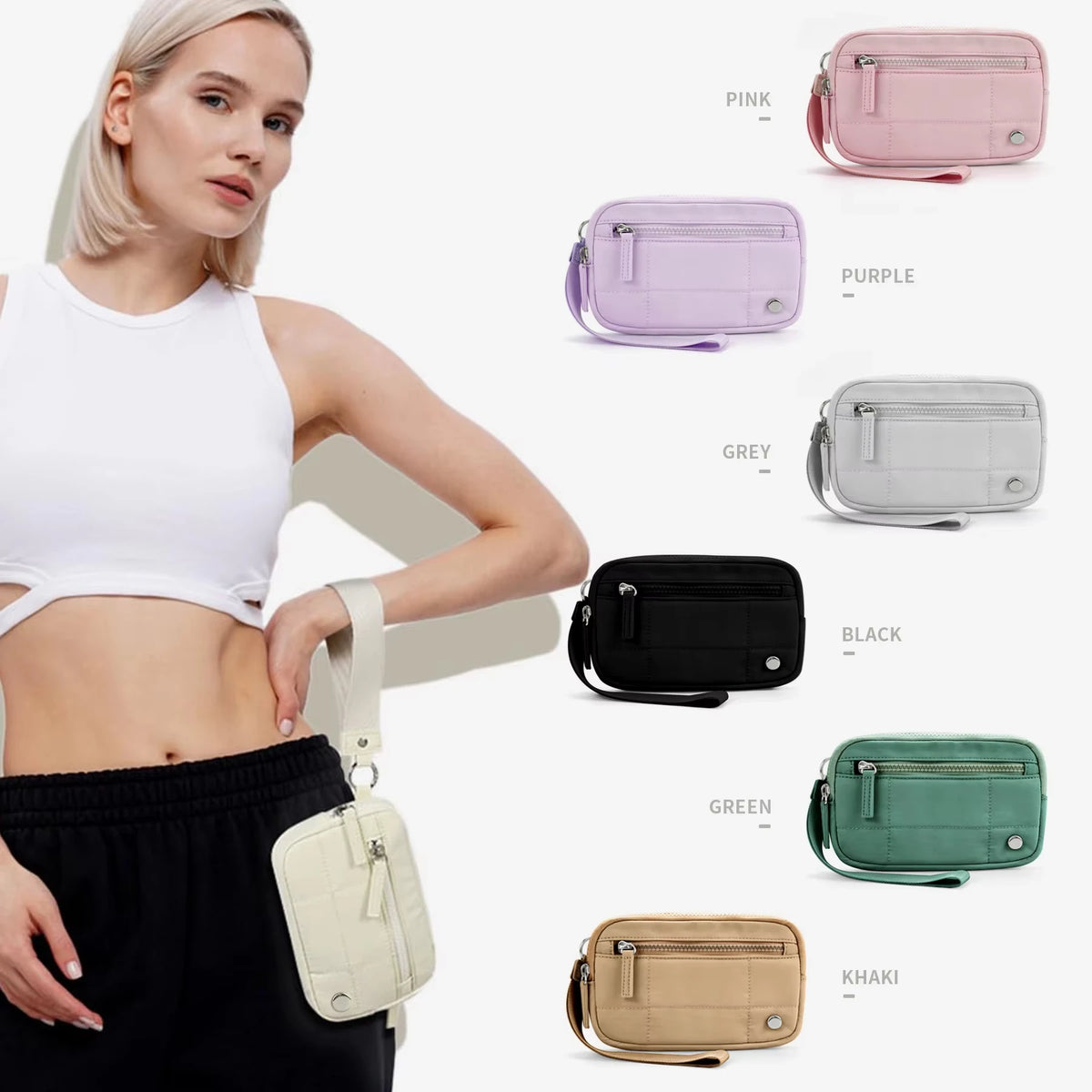 Una mujer con un top blanco sostiene un bolso cruz en color pastel y neutro acolchado.