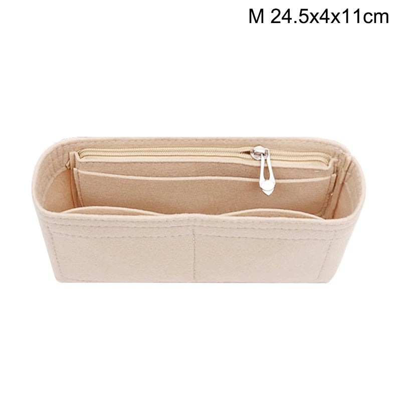 Light beige felt bag insert organizer with a zipper closure