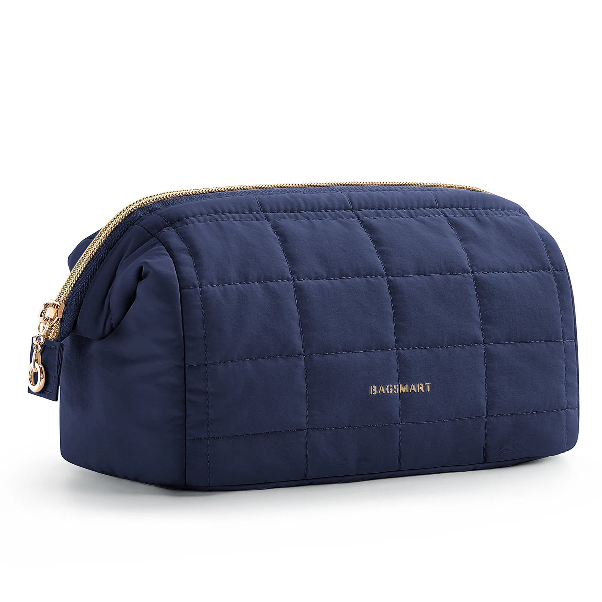 Navy quilted padded makeup bag with gold zipper and Bagsmart branding