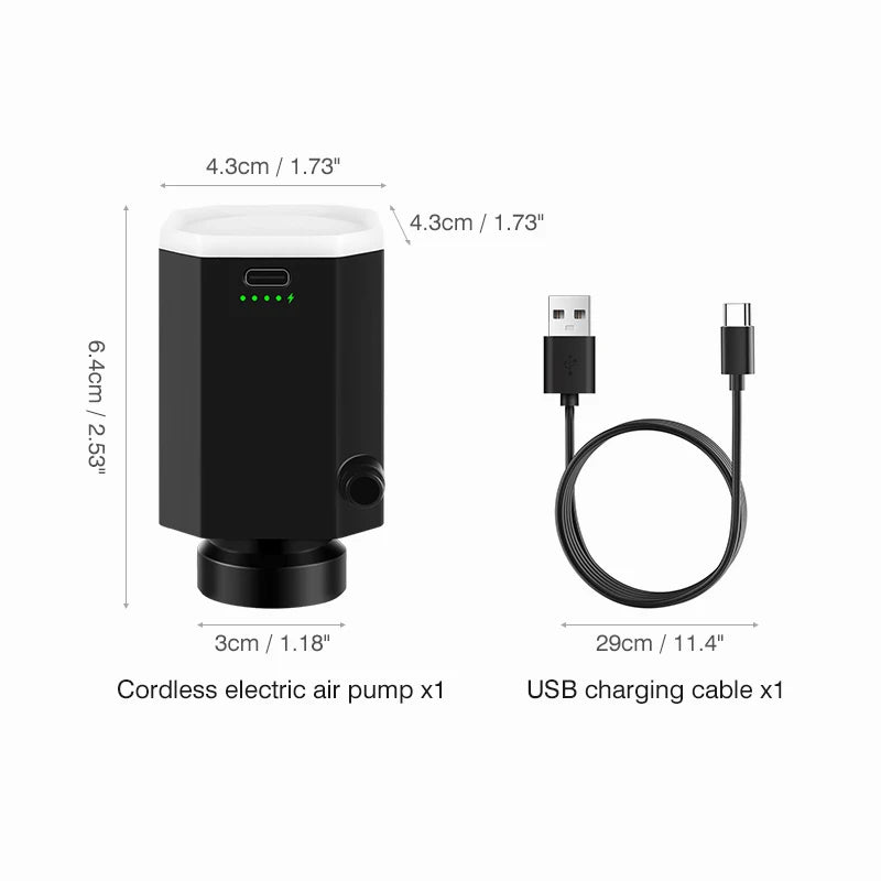 A black electric air pump with a white top and an attached USB charging cable.