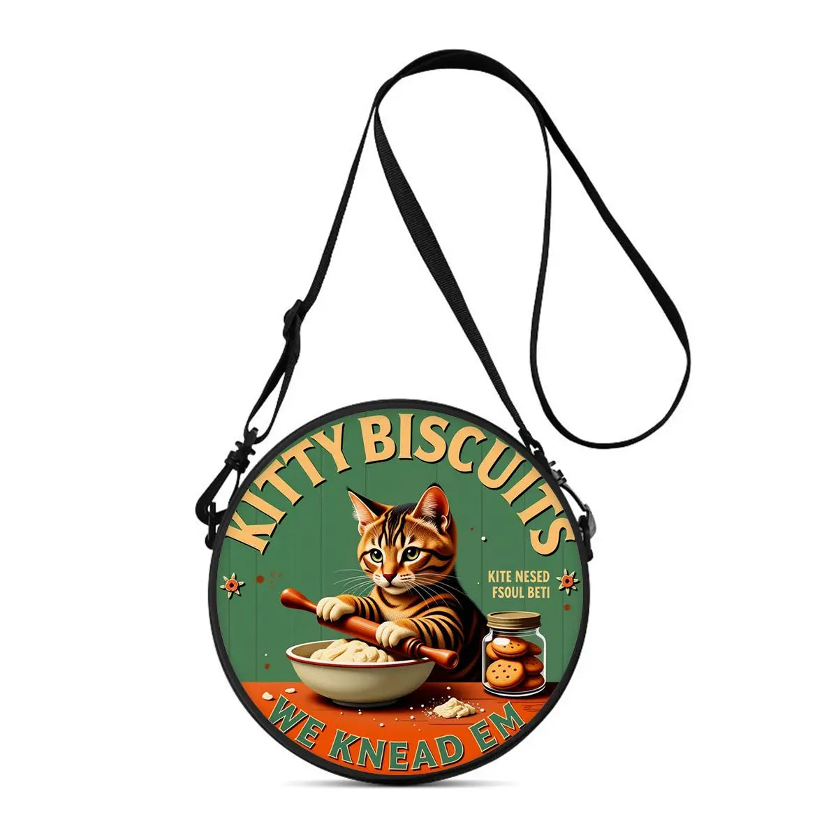A round green and yellow graphic featuring a cat and biscuits on a black strap bag.