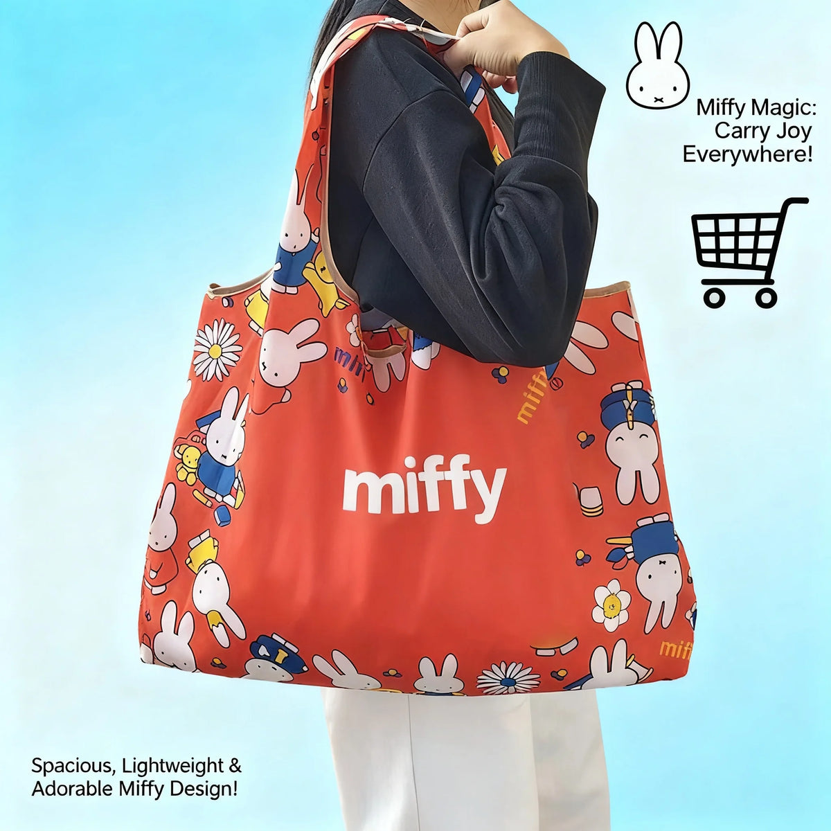 A red Miffy folding shopping bag is shown being carried by a person against a light blue background.