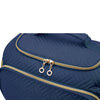 Navy quilted cosmetic organizer bag with gold zipper and handle